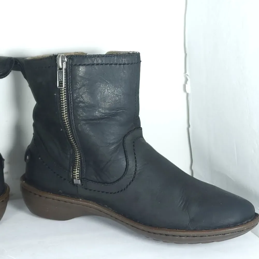 UGG Women's Neevah US6 Black Leather Sheepskin Lined Side Zip Ankle Boots Bootie
